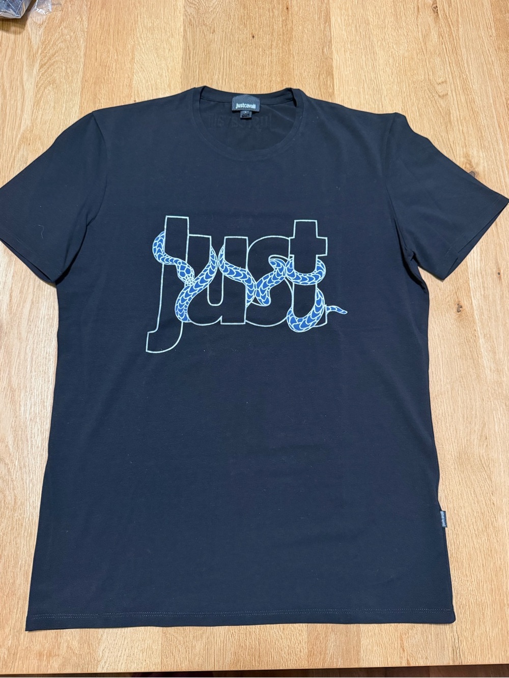 Just Cavalli Black Tee with Blue Snake and Logo